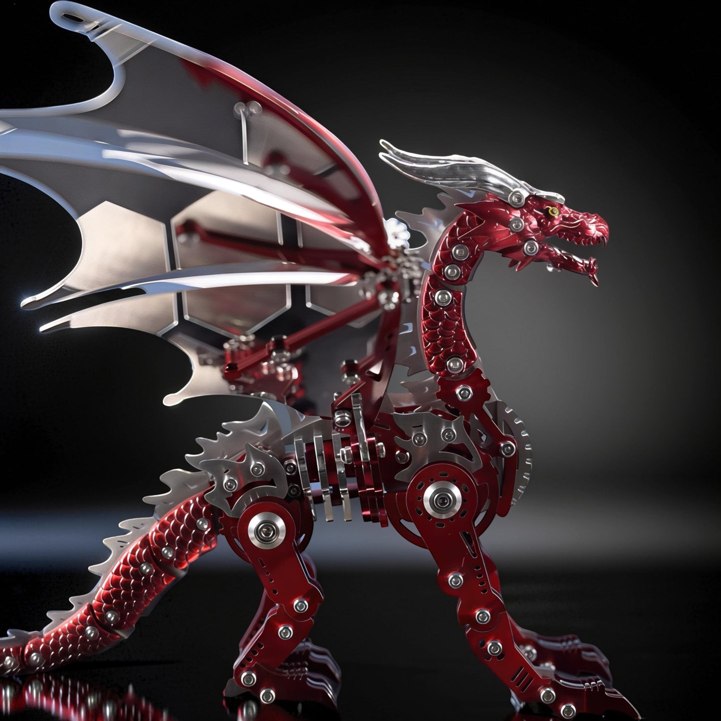 The Curious Mind Pterosaur DIY Kit: a detailed mechanical dragon model with red metallic body, silver wings, and intricate gears.