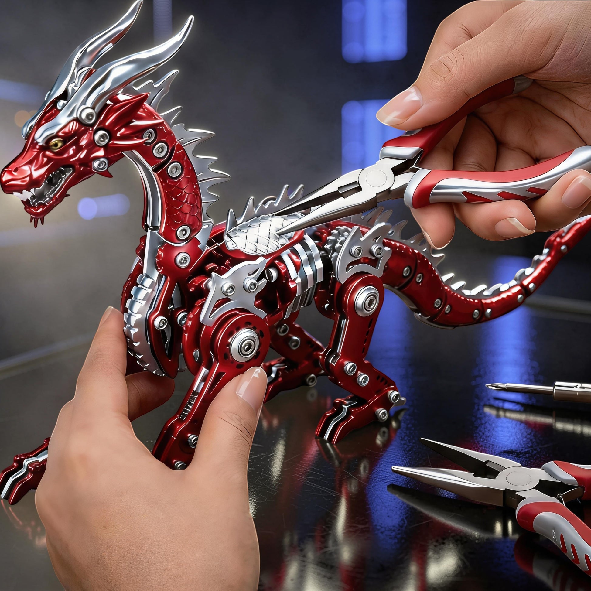 The Curious Mind Pterosaur DIY Kit: A detailed red and silver metal mechanical dragon model being assembled with pliers.