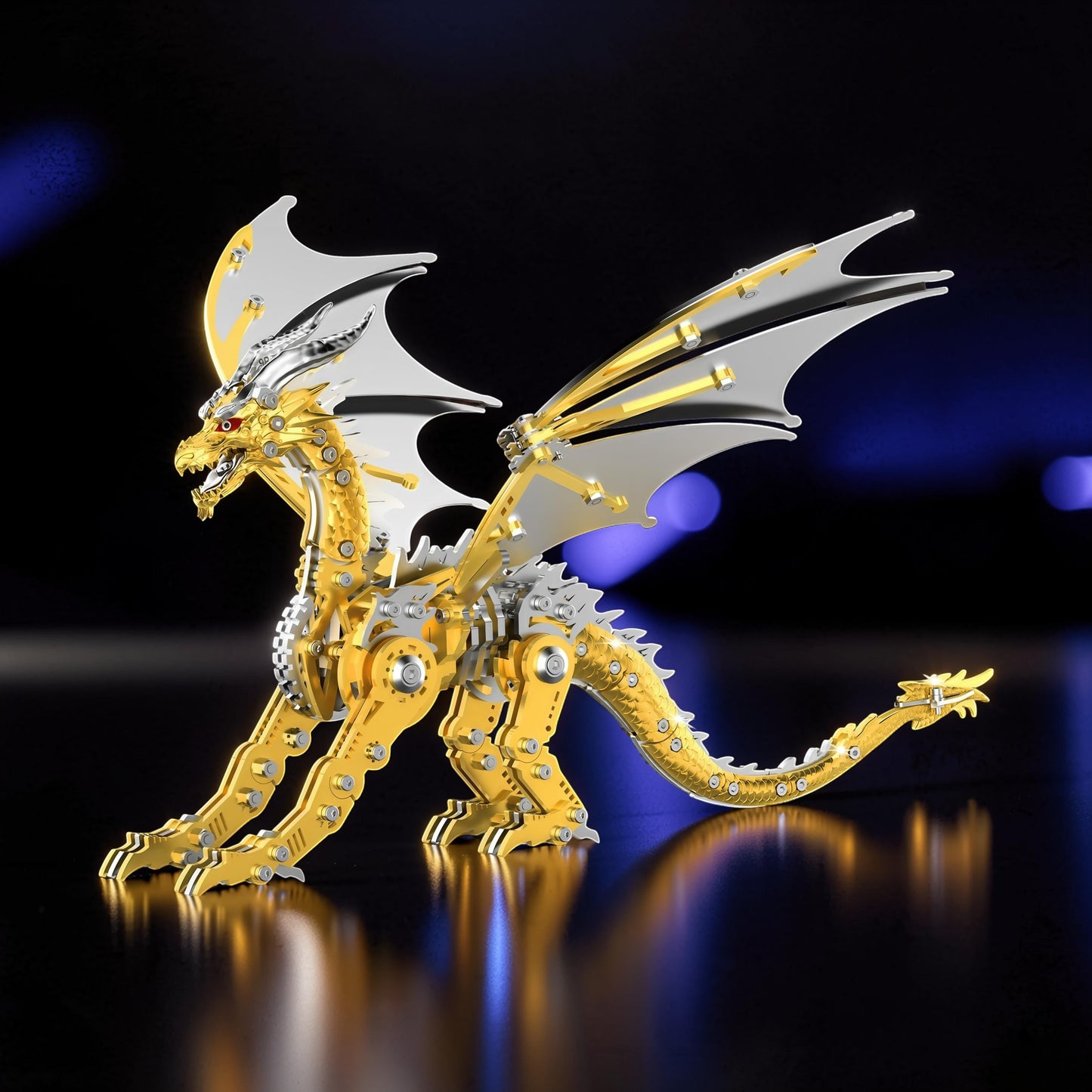 The Curious Mind Pterosaur DIY Kit: a detailed mechanical model of a gold and silver dragon with white wings and red eyes.