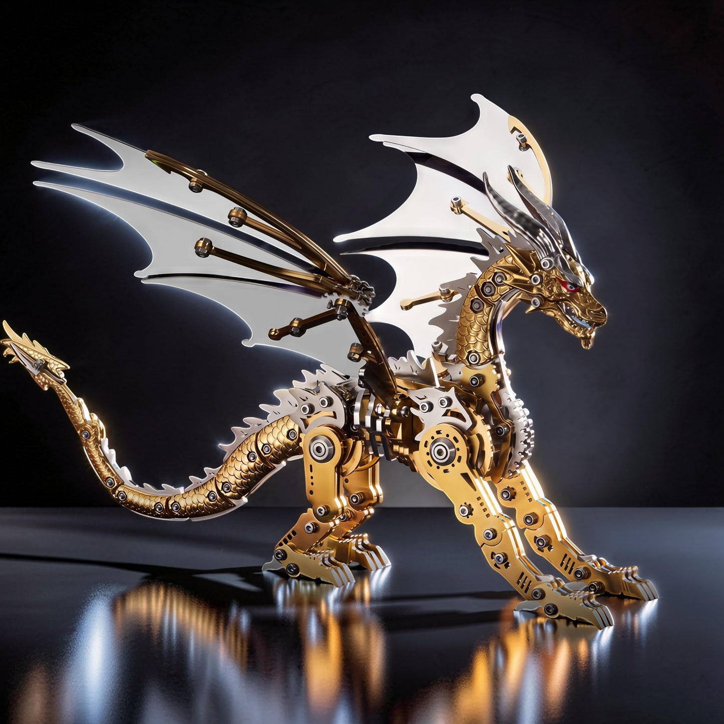The Curious Mind Pterosaur DIY Kit, a detailed metal mechanical dragon model with gold and silver accents, white wings, and red eyes.