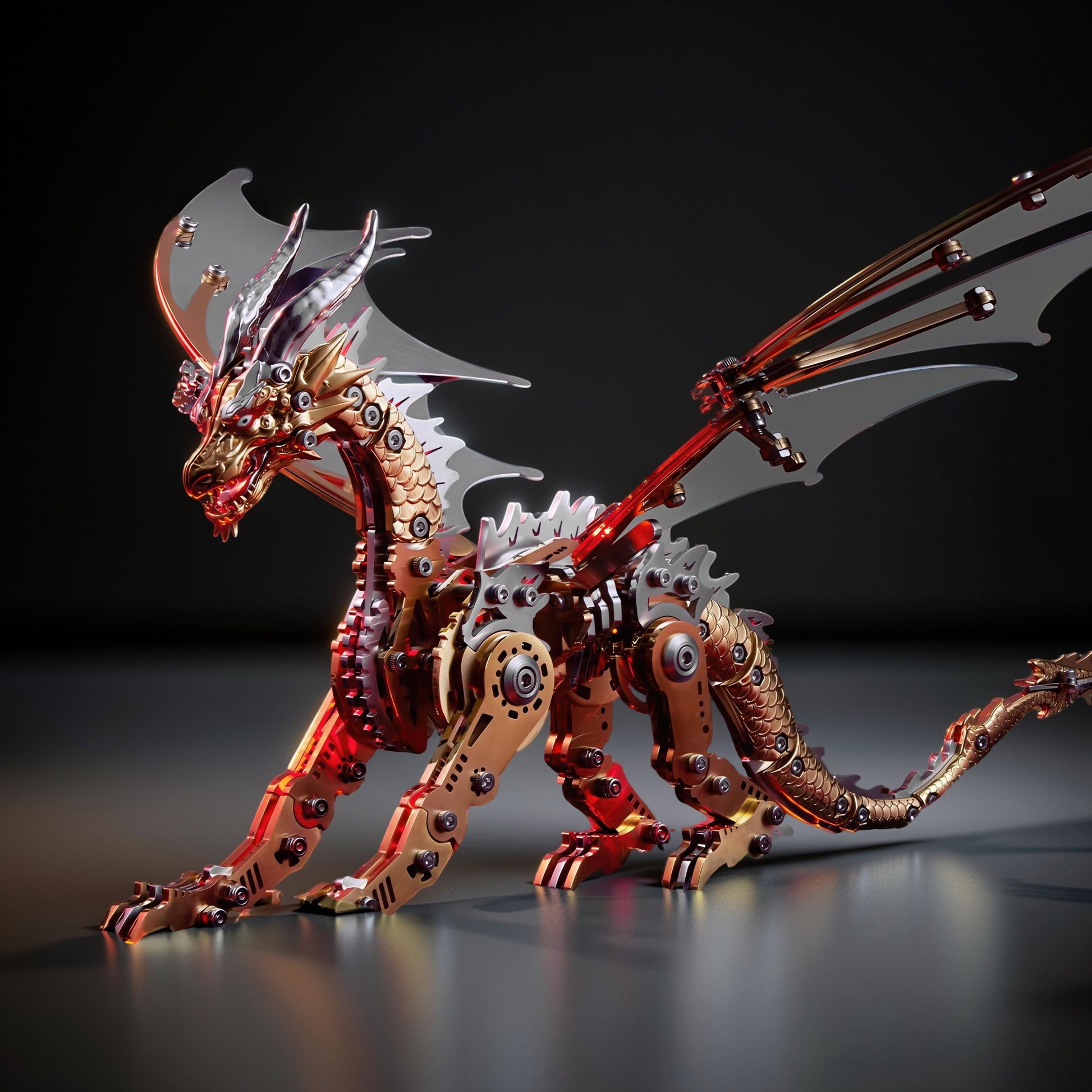 The Curious Mind Pterosaur DIY Kit: a detailed metal mechanical dragon model with gold, red, and silver accents, featuring intricate gears and translucent wings.