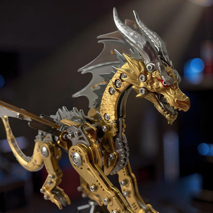 The Curious Mind mechanical dragon model kit, crafted from gold and silver metal with intricate details and visible gears.