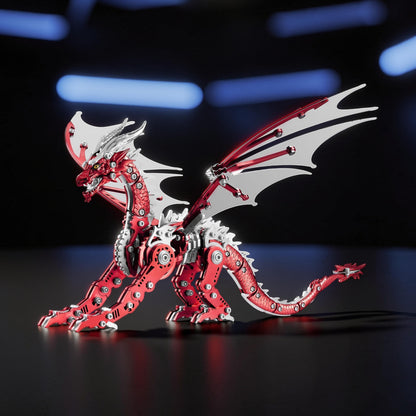 The Curious Mind Pterosaur DIY Kit: a detailed red and silver metal mechanical dragon model with intricate gears and articulated wings, displayed on a dark surface with blue bokeh lighting.