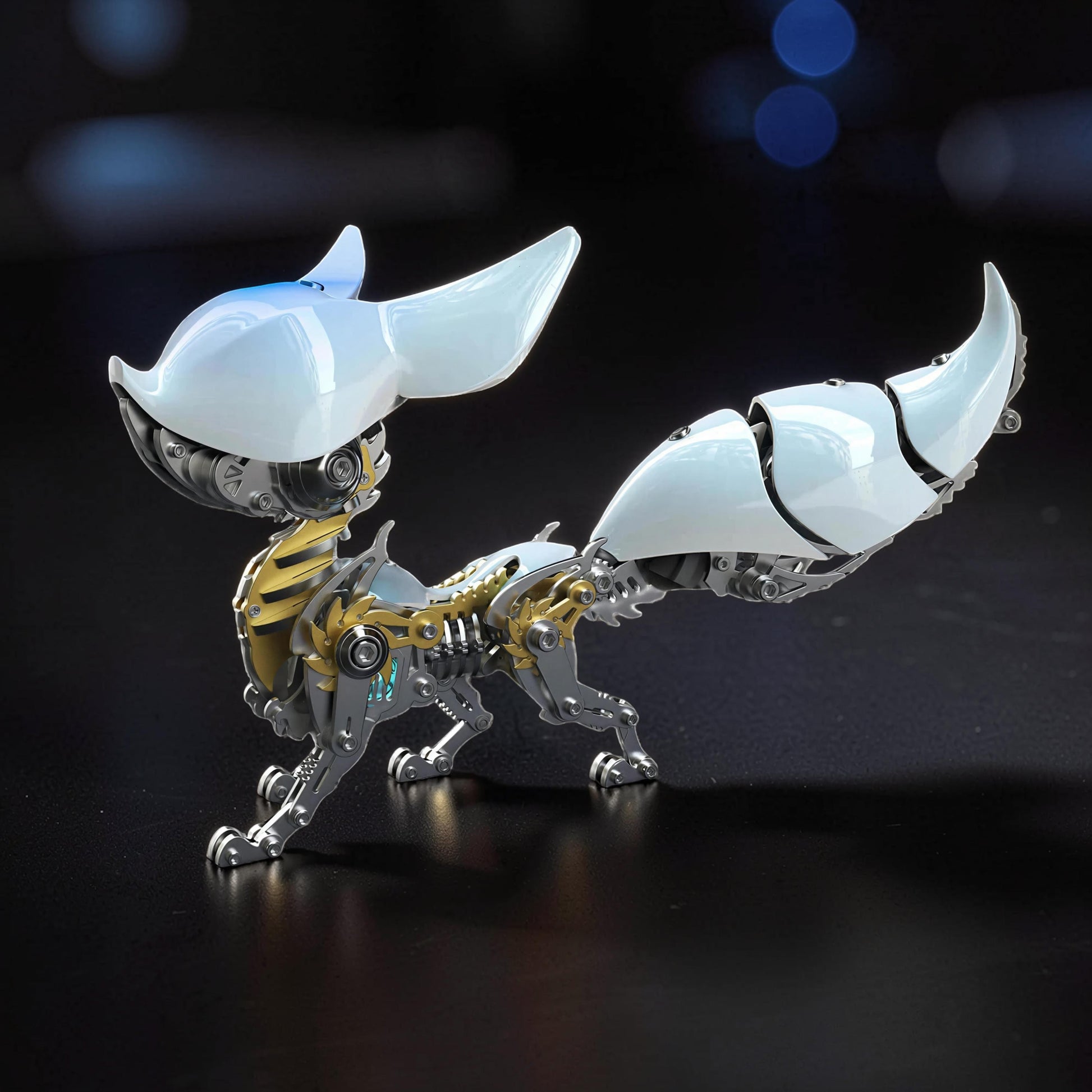 The Curious Mind Mechanical Fox 3D metal model kit with white and gold accents. Intricate, futuristic design.