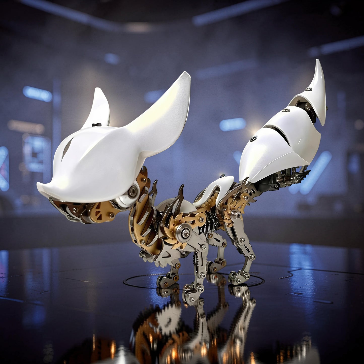 The Curious Mind Mechanical Fox 3D metal model kit with white and metallic accents, intricate gears, and a steampunk aesthetic.