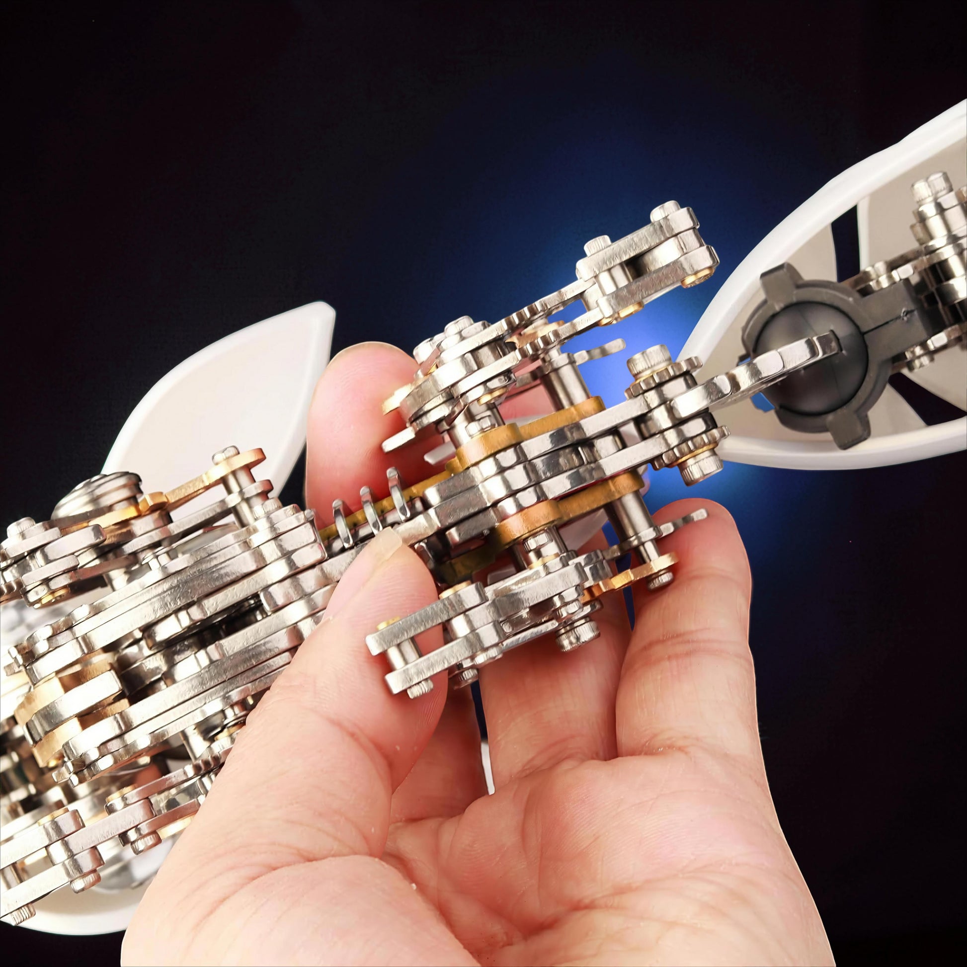 The Curious Mind Mechanical Fox 3D metal model kit with intricate gears and metallic silver frame.
