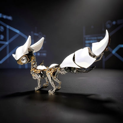 The Curious Mind Mechanical Fox premium 3D metal model kit with intricate gears and white accents. Steampunk creature design.
