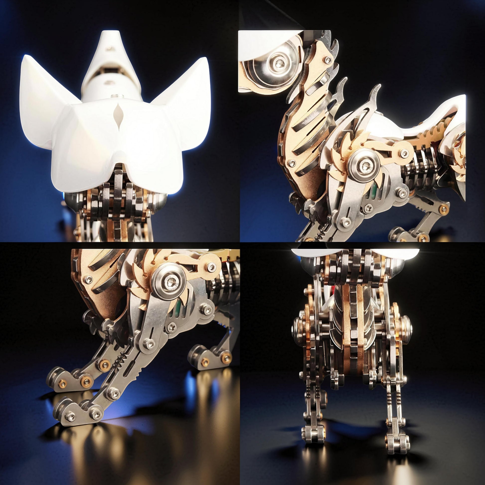 The Curious Mind Mechanical Fox 3D metal model kit with white head and translucent red accents. Intricate metal and plastic construction.