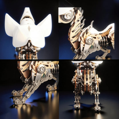 The Curious Mind Mechanical Fox 3D metal model kit with white head and translucent red accents. Intricate metal and plastic construction.