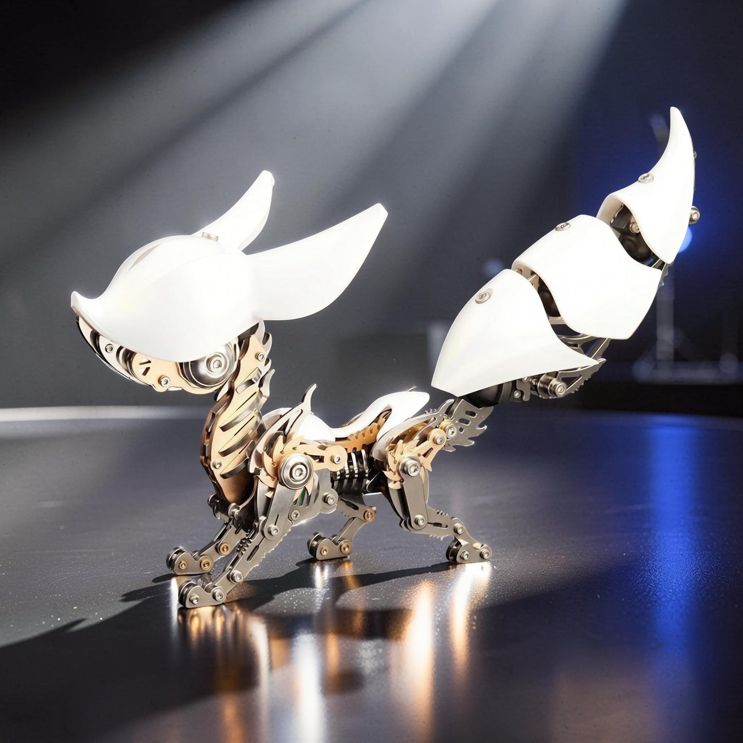 The Curious Mind Mechanical Fox 3D metal model kit with white accents and metallic silver frame.