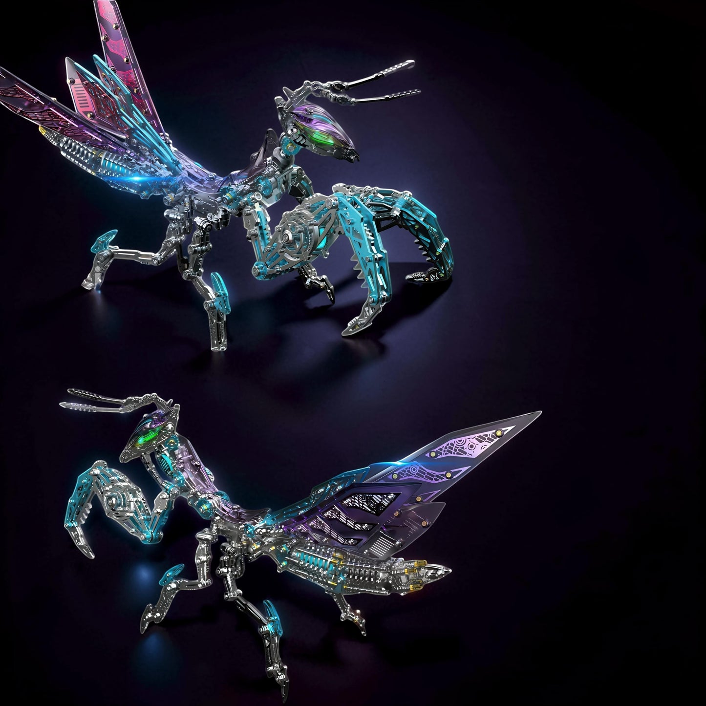 The Curious Mind Mechanical Mantis 3D metal model kit, featuring intricate metallic parts in purple, blue, and silver, with detailed wings and legs.