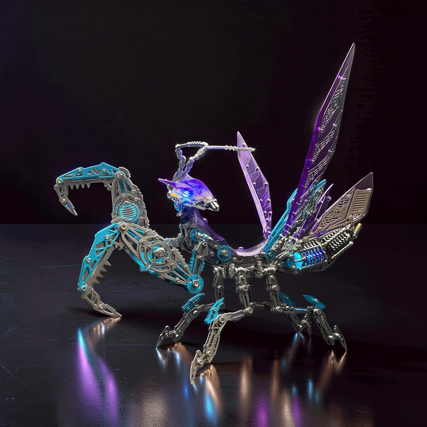 The Curious Mind Mechanical Mantis 3D metal model kit with purple and blue accents, intricate metallic finish, and articulated limbs.