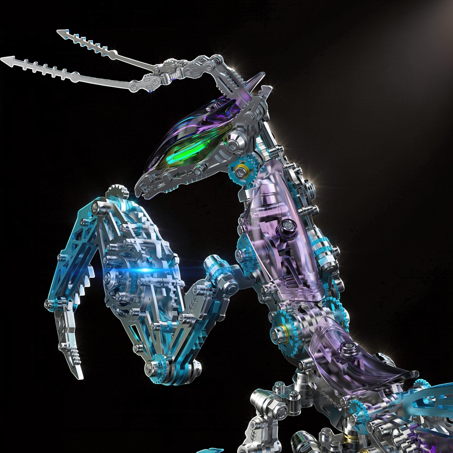 The Curious Mind Mechanical Mantis 3D metal model kit with purple and blue accents, intricate gears, and a metallic finish.