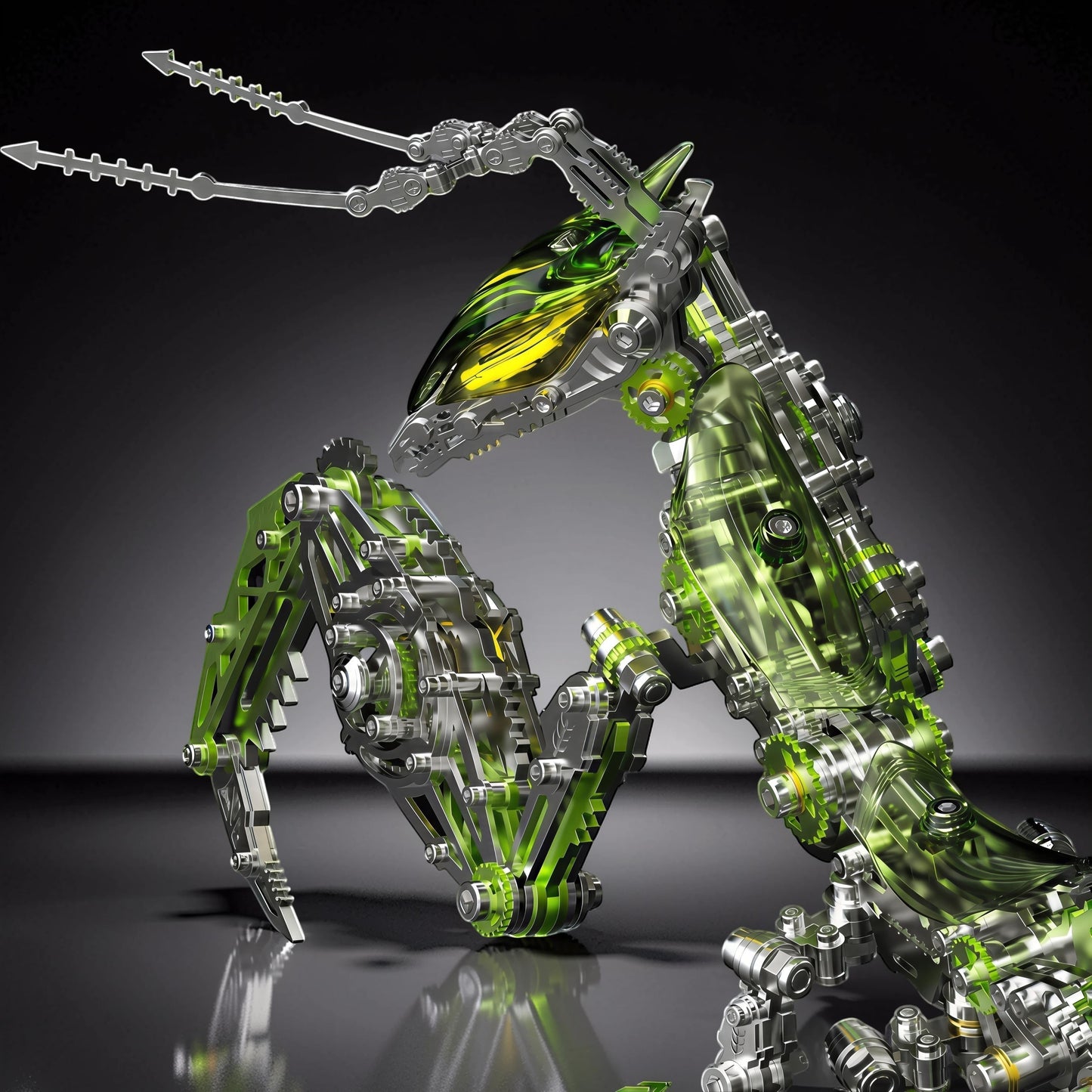 The Curious Mind Mechanical Mantis 3D metal model kit with green translucent parts and silver metal accents.