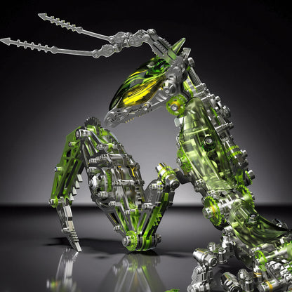 The Curious Mind Mechanical Mantis 3D metal model kit with green translucent parts and silver metal accents.
