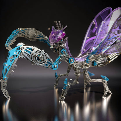 The Curious Mind Mechanical Mantis 3D metal model kit with purple translucent wings and blue accents.
