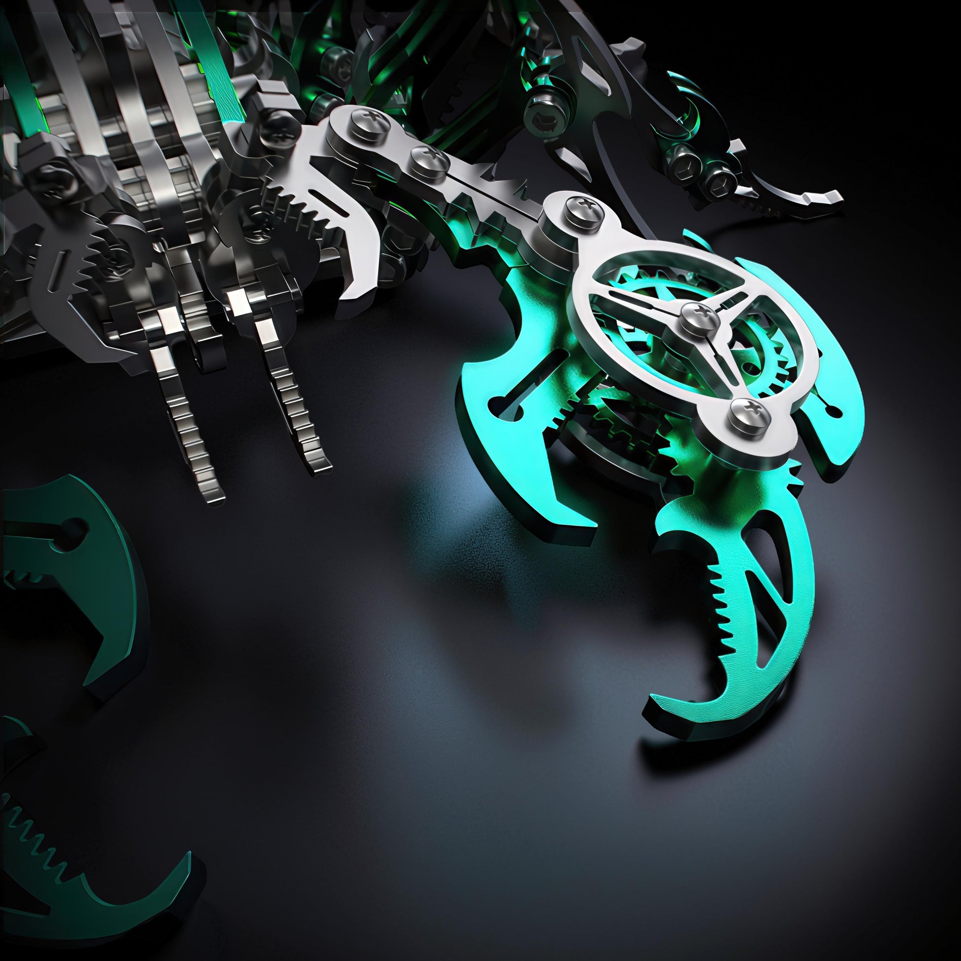 The Curious Mind Mechanical Scorpion 3D metal model kit with silver and teal accents. Intricate gears and metallic construction.