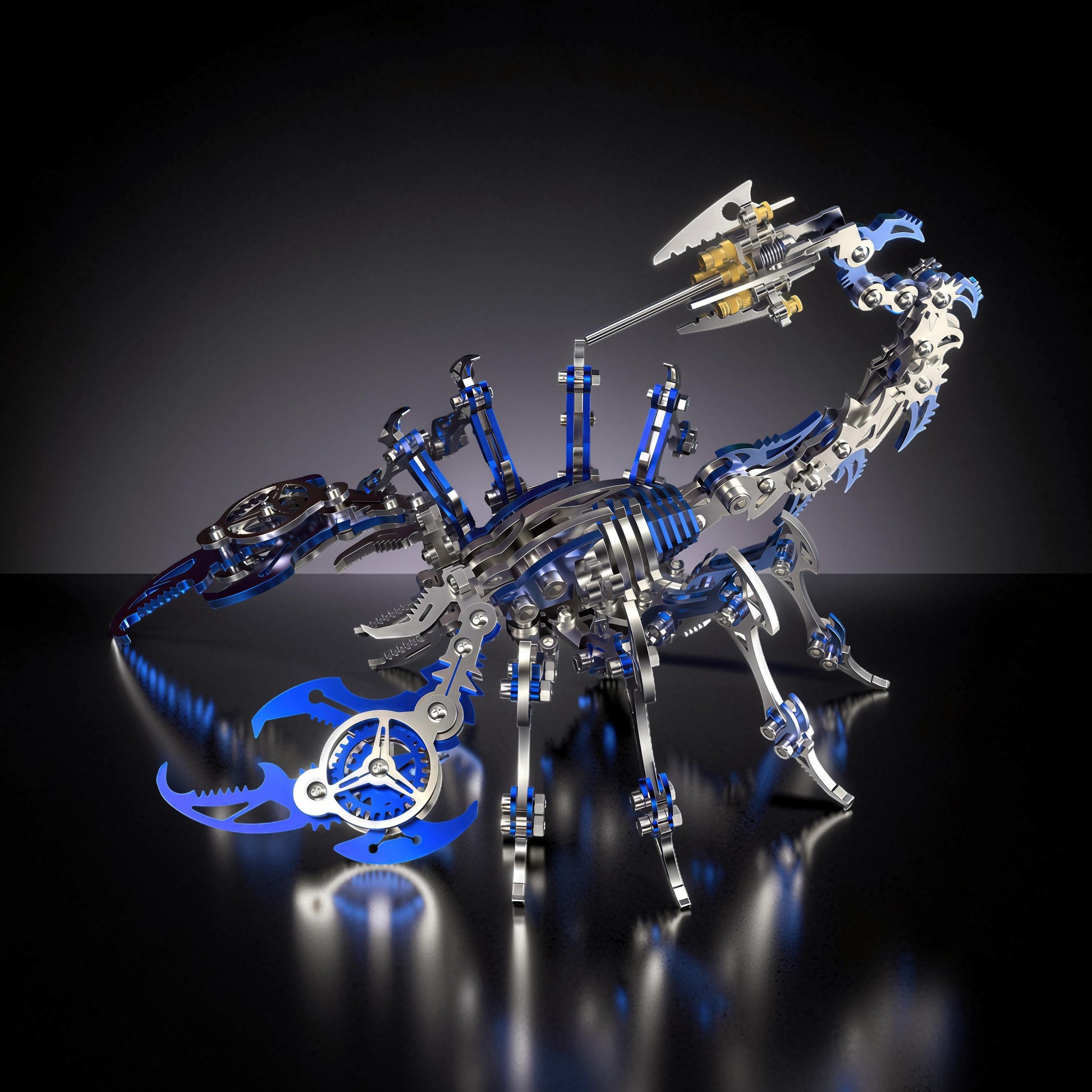 The Curious Mind Mechanical Scorpion 3D metal model kit with blue and silver accents. Detailed, intricate design for display.