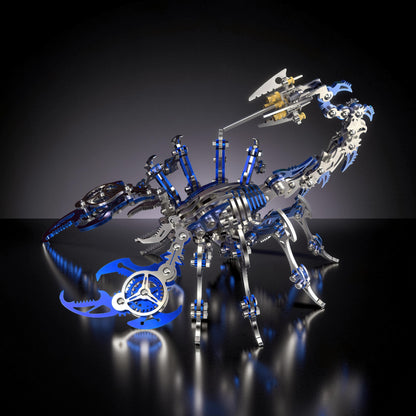 The Curious Mind Mechanical Scorpion 3D metal model kit with blue and silver accents. Detailed, intricate design for display.