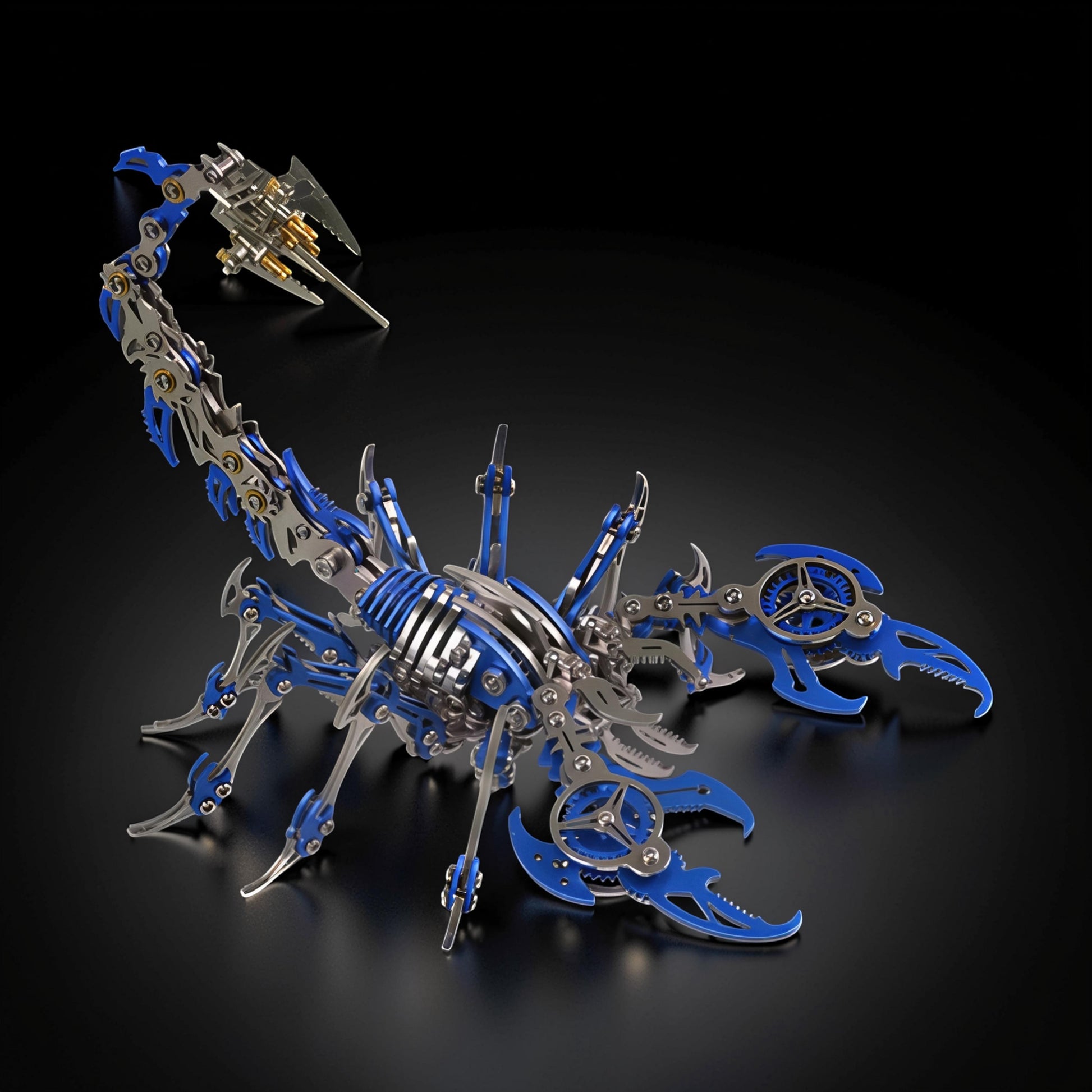 The Curious Mind Mechanical Scorpion 3D metal model kit with blue and silver metal parts, intricate gears, and articulated tail.