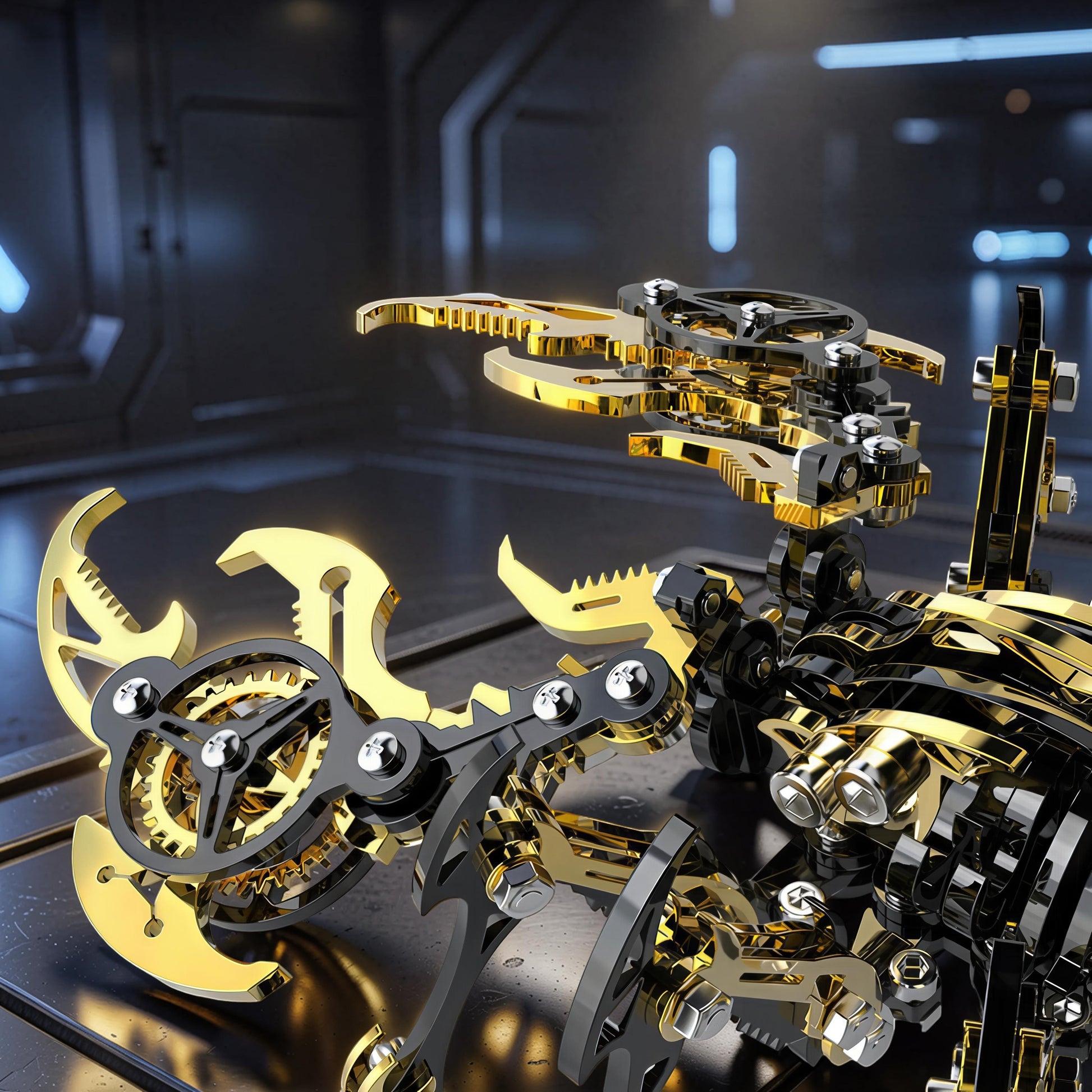 The Curious Mind Black Edition Mechanical Scorpion 3D metal model kit with gold and black metallic finishes.