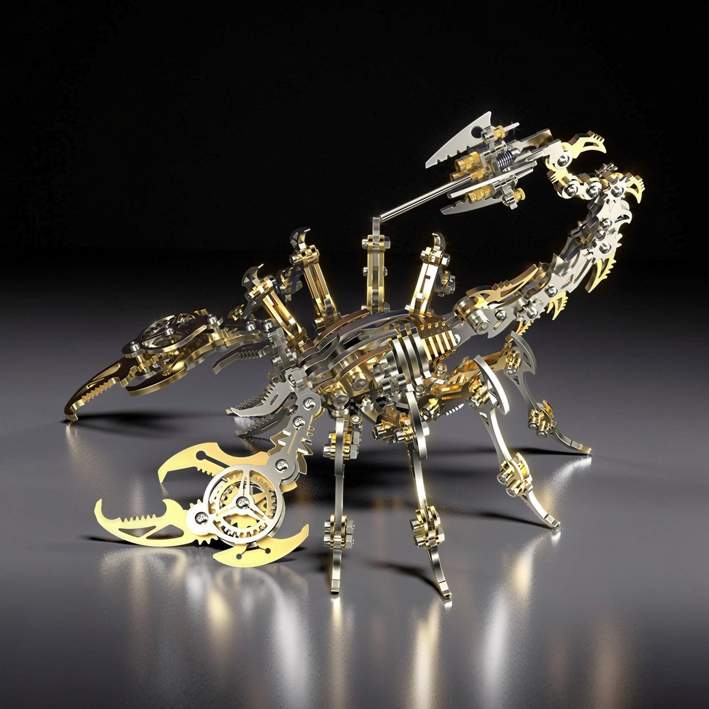 The Curious Mind Mechanical Scorpion 3D metal model kit in gold and silver, featuring intricate gears and a steampunk design.