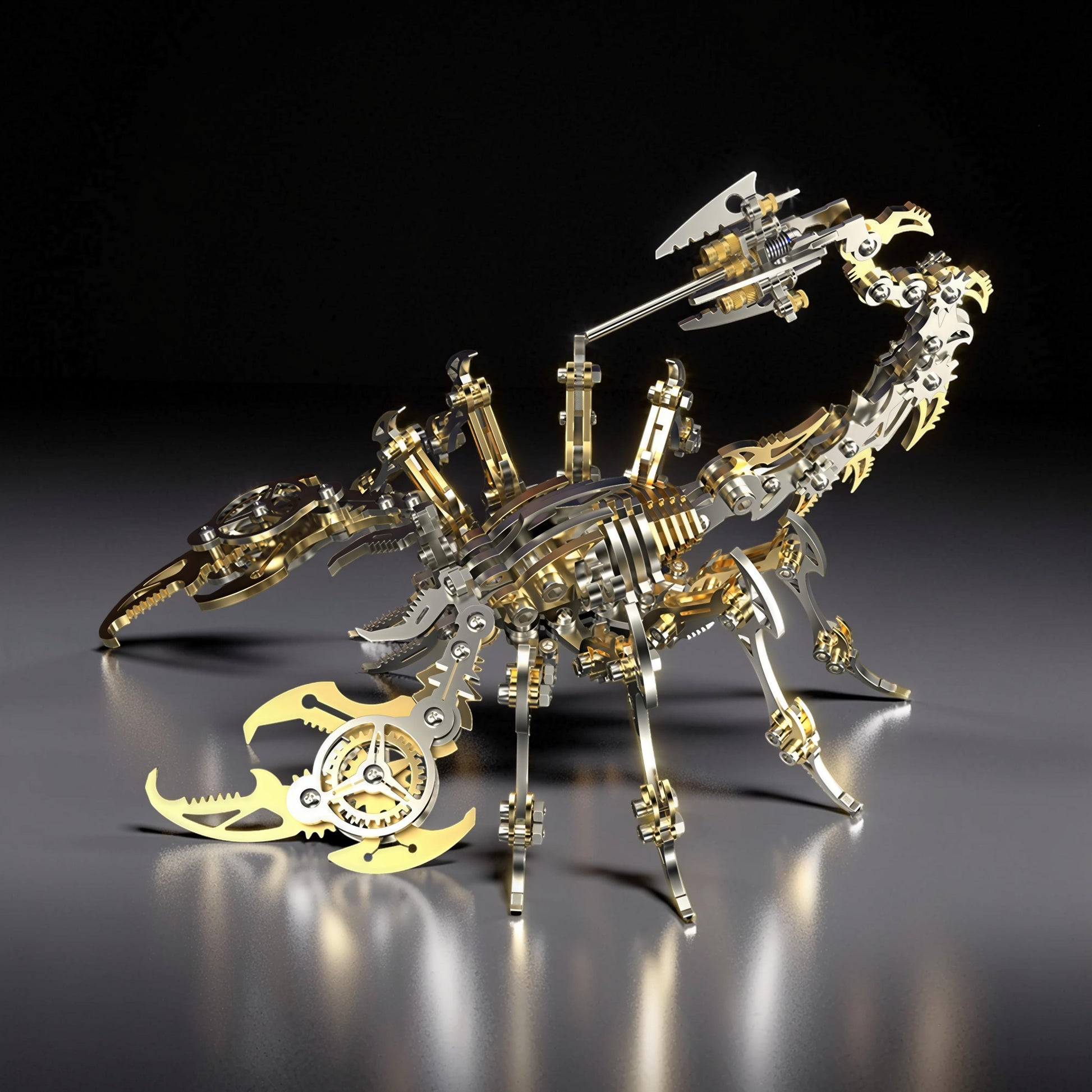 The Curious Mind Mechanical Scorpion 3D metal model kit in gold and silver, featuring intricate gears and a steampunk design.