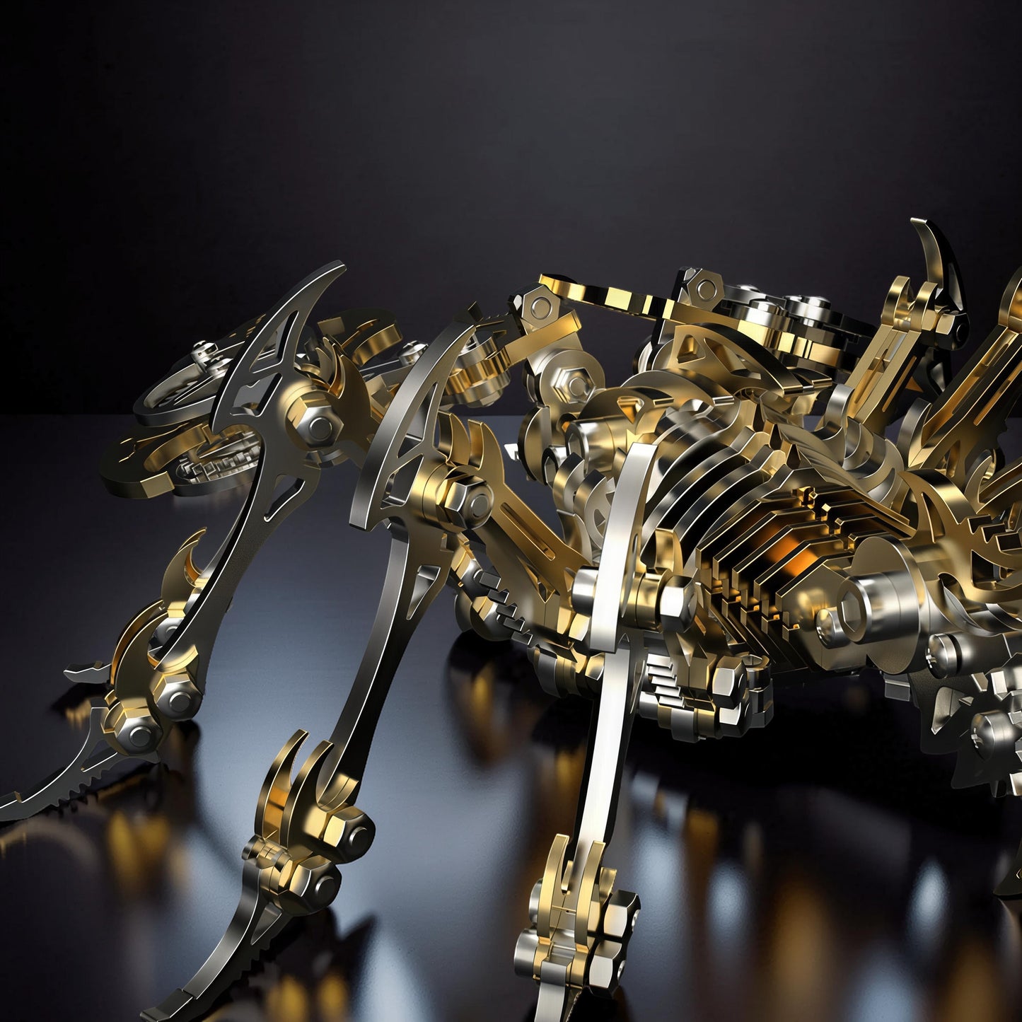 The Curious Mind Mechanical Scorpion 3D metal model kit in gold and silver, featuring intricate gears and articulated legs.