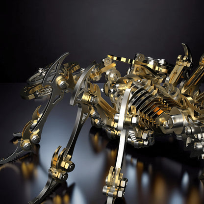 The Curious Mind Mechanical Scorpion 3D metal model kit in gold and silver, featuring intricate gears and articulated legs.