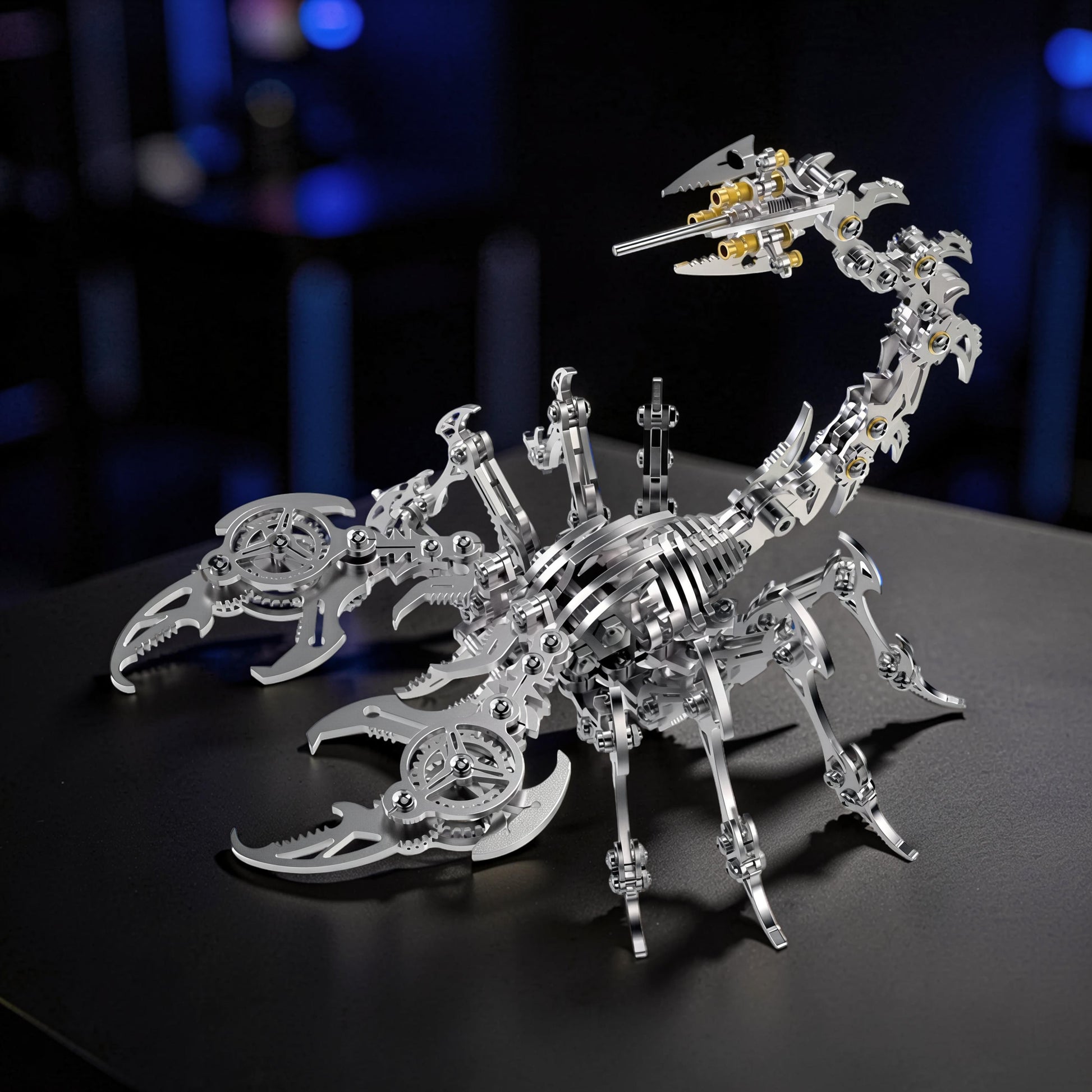 The Curious Mind Mechanical Scorpion 3D metal model kit, silver, intricate gears and joints, detailed steampunk creature.