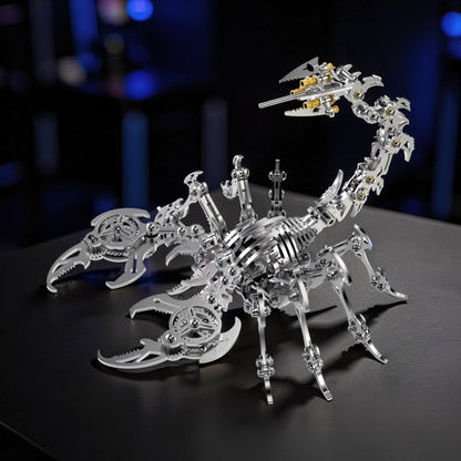 The Curious Mind Mechanical Scorpion 3D metal model kit, silver, intricate gears and joints, detailed steampunk creature.
