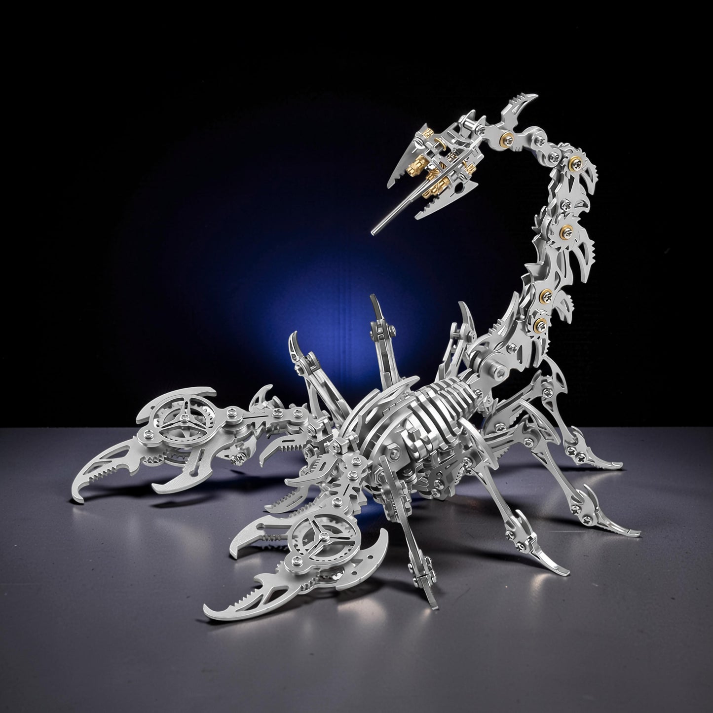 The Curious Mind Mechanical Scorpion 3D metal model kit, silver and gold accents, intricate gears and joints, detailed steampunk creature.