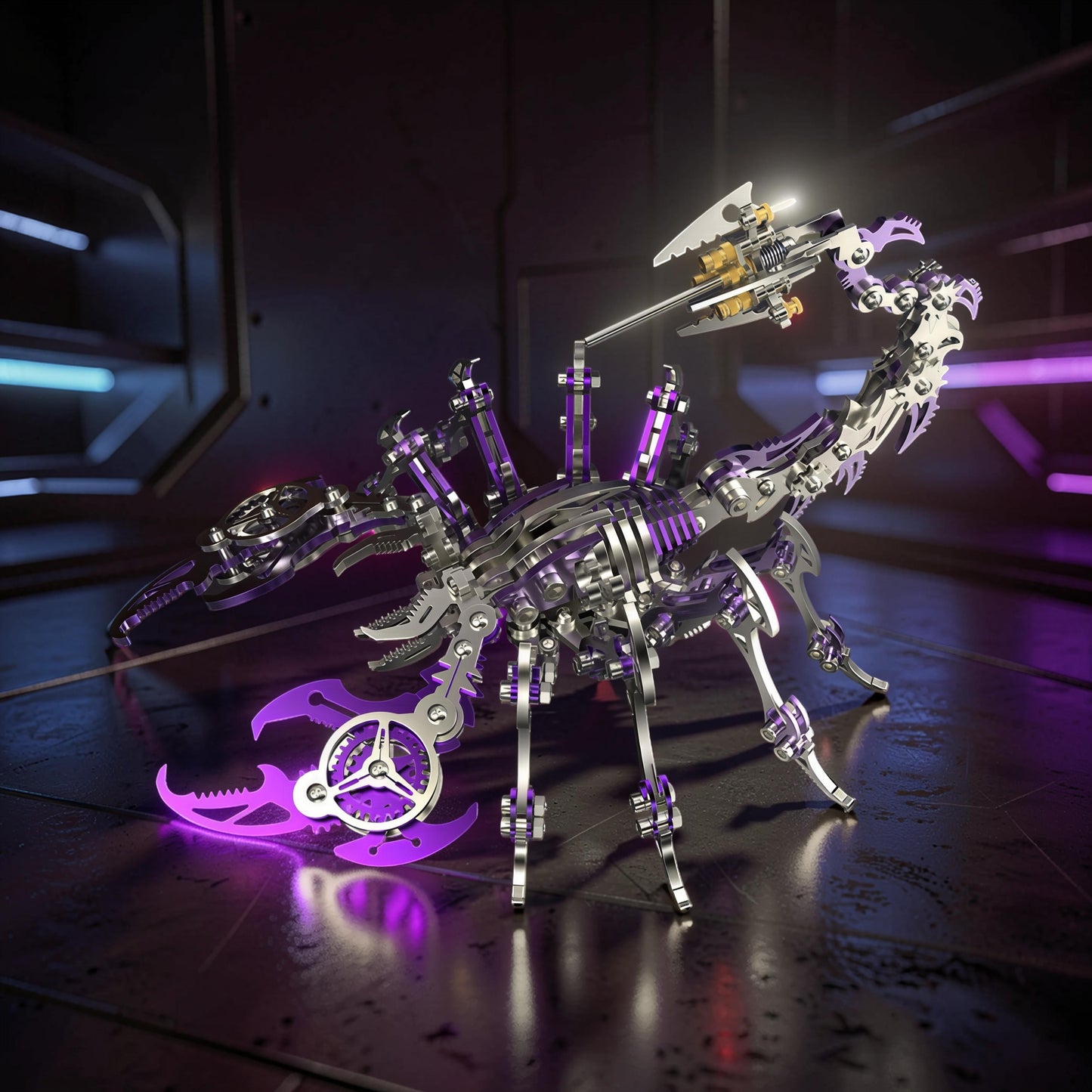 The Curious Mind Mechanical Scorpion 3D metal model kit, silver and gold with purple LED accents. Intricate steampunk design.
