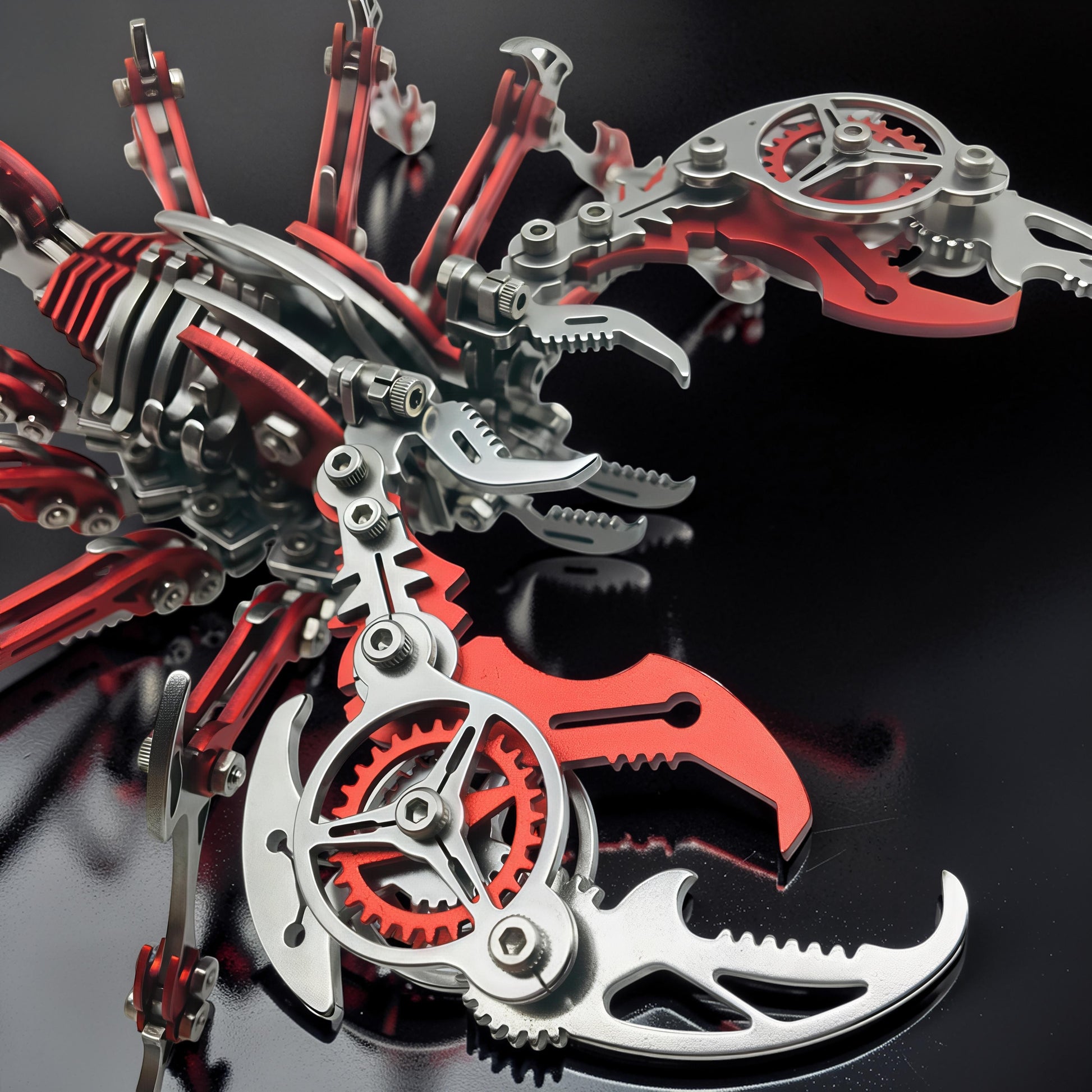 The Curious Mind Mechanical Scorpion 3D metal model kit with intricate gears and red accents. Silver and red metal construction.