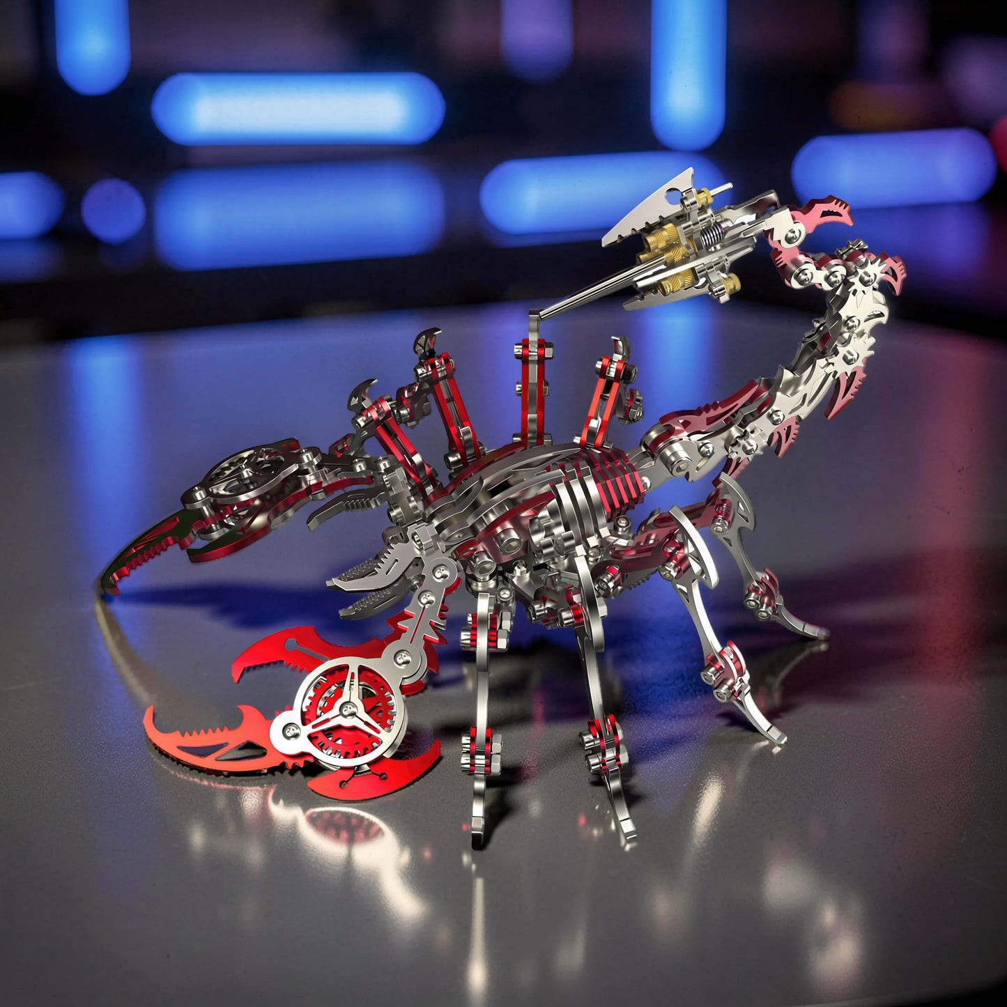 The Curious Mind Mechanical Scorpion 3D metal model kit in silver and red, featuring intricate gears and articulated limbs.