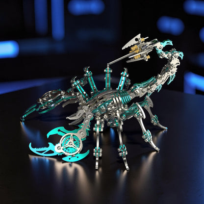 The Curious Mind Mechanical Scorpion 3D metal model kit in silver and teal with intricate gears and articulated limbs.