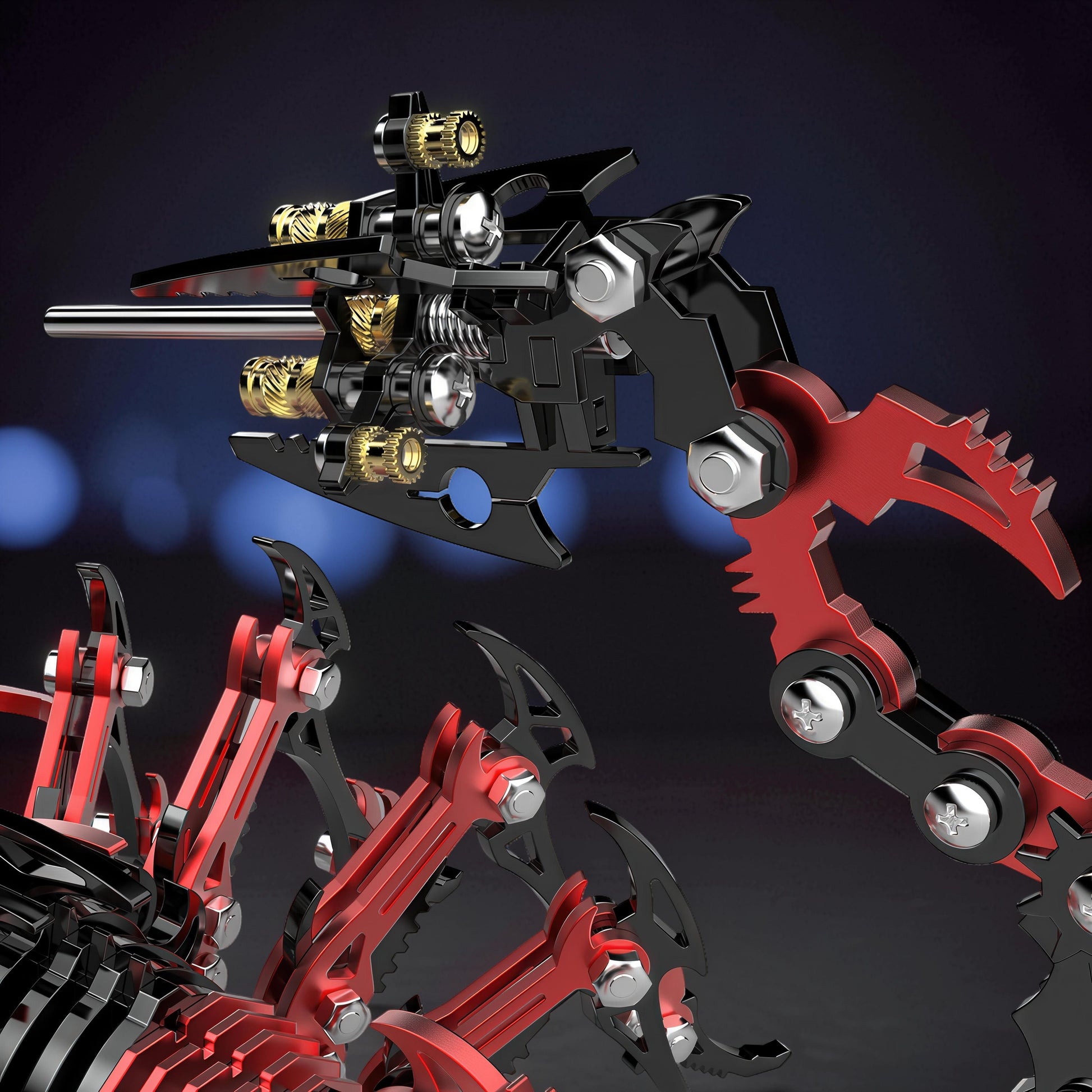 The Curious Mind Black Edition Mechanical Scorpion 3D metal model kit with intricate gears and red accents.