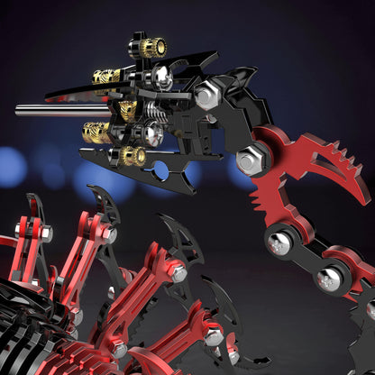 The Curious Mind Black Edition Mechanical Scorpion 3D metal model kit with intricate gears and red accents.