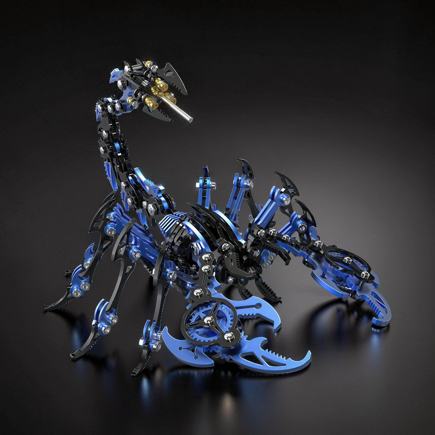 The Curious Mind Black Edition Mechanical Scorpion 3D metal model kit with blue and black metallic parts and intricate gears.