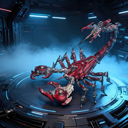 The Curious Mind Blue War Scorpion King 3D metal model kit, a detailed mechanical creature with red metallic plating and intricate silver joints.