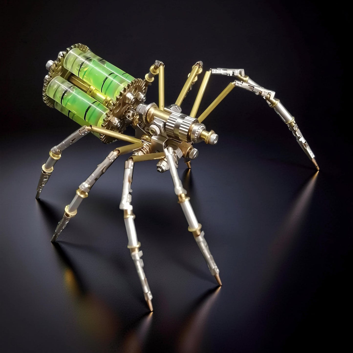 The Curious Mind mechanical spider DIY kit, made of metal with green liquid-filled tubes and intricate gears.