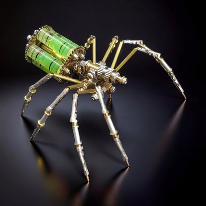 The Curious Mind mechanical spider DIY kit, made of metal with green liquid-filled tubes and intricate gears.