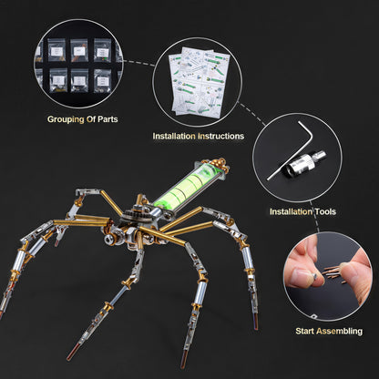 The Curious Mind mechanical spider DIY kit, made of metal, features a green glowing body and intricate metallic legs. Includes parts, instructions, and tools.