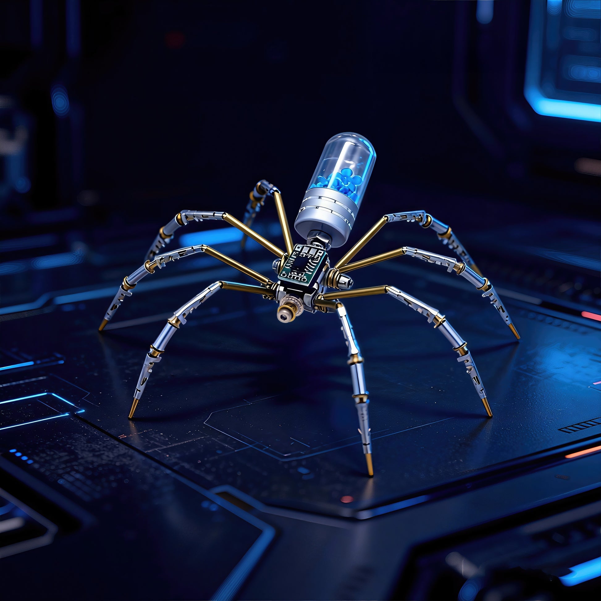 The Curious Mind Style B mechanical spider DIY kit, made of metal, with a clear capsule containing blue spheres on its back.