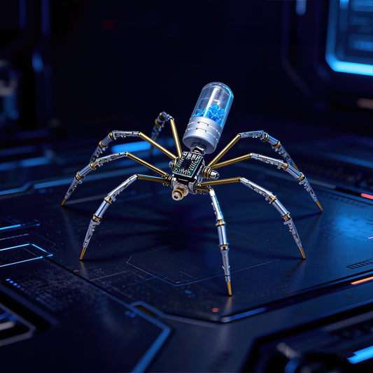The Curious Mind Style B mechanical spider DIY kit, made of metal, with a clear capsule containing blue spheres on its back.