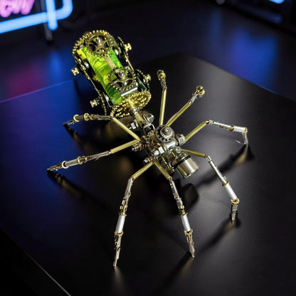 The Curious Mind Spider DIY Kit - Style E mechanical model with metal gears and green accents.
