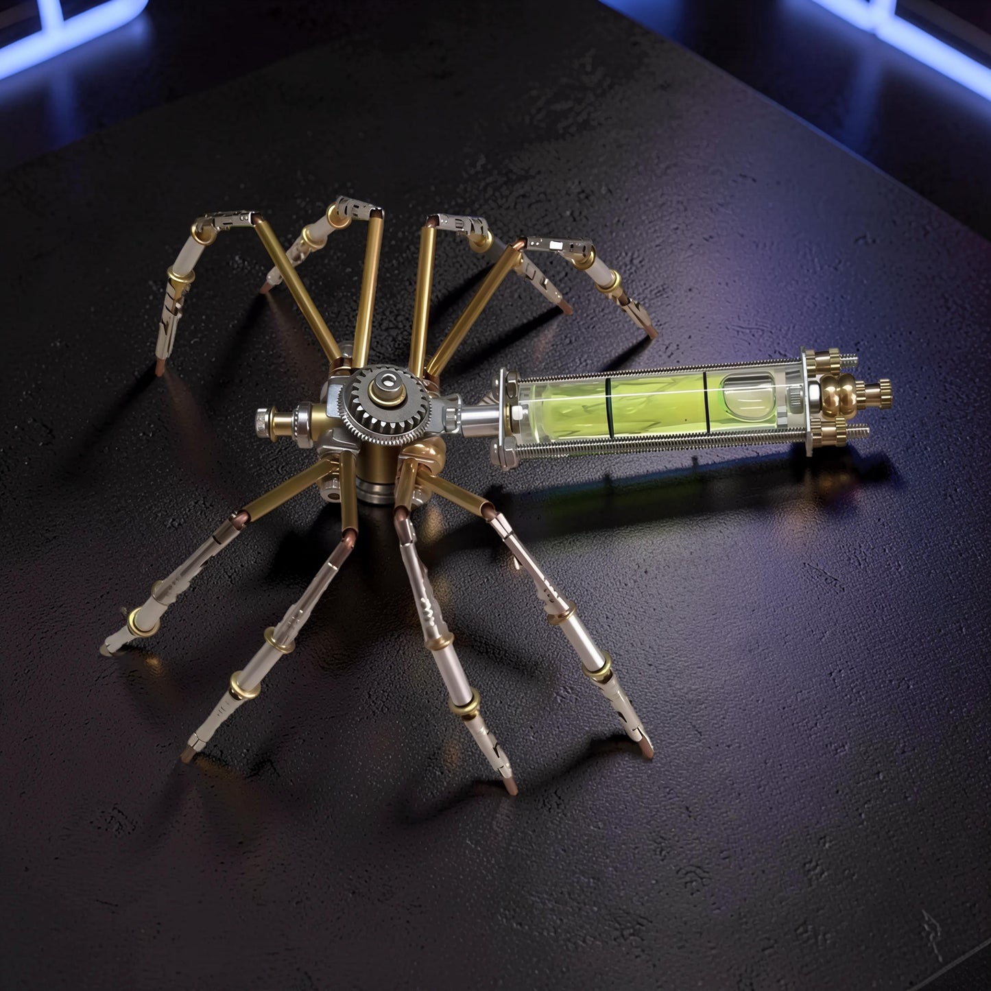 The Curious Mind mechanical spider DIY kit, made of metal with brass and silver accents, featuring a level tool.