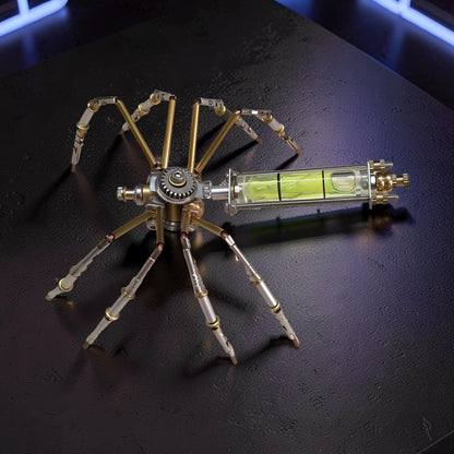 The Curious Mind mechanical spider DIY kit, made of metal with brass and silver accents, featuring a level tool.