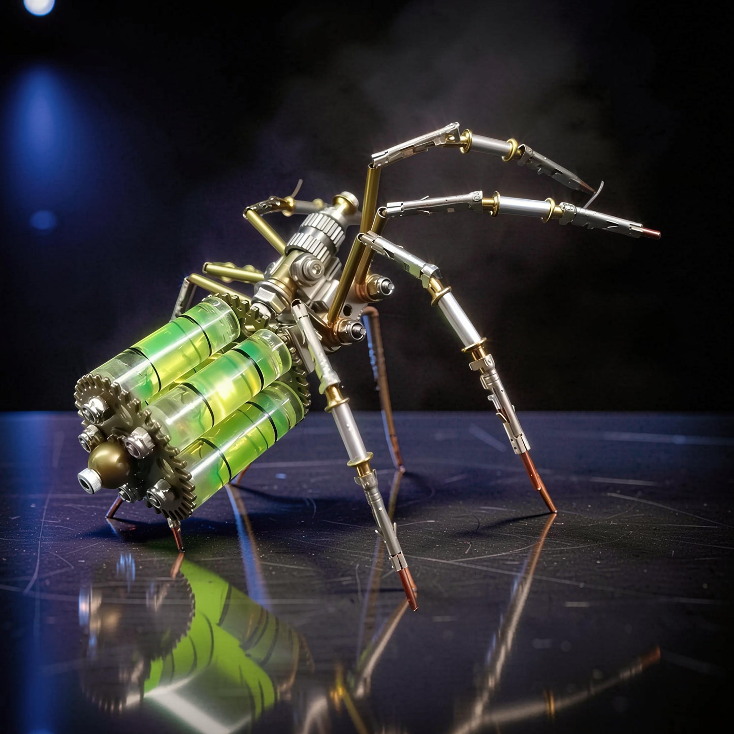 The Curious Mind mechanical spider DIY kit, made of metal with green liquid-filled tubes and intricate gears. A detailed display model.