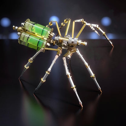 The Curious Mind mechanical spider DIY kit, a metal model with green liquid-filled cylinders and intricate gears.